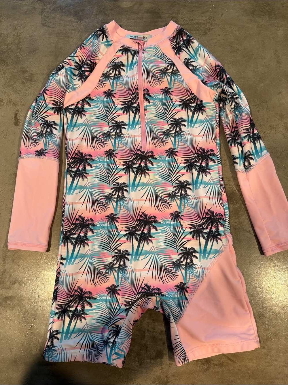 Grace Karin Pink and Teal Palm-Print Long Sleeve Kids Rashguard
